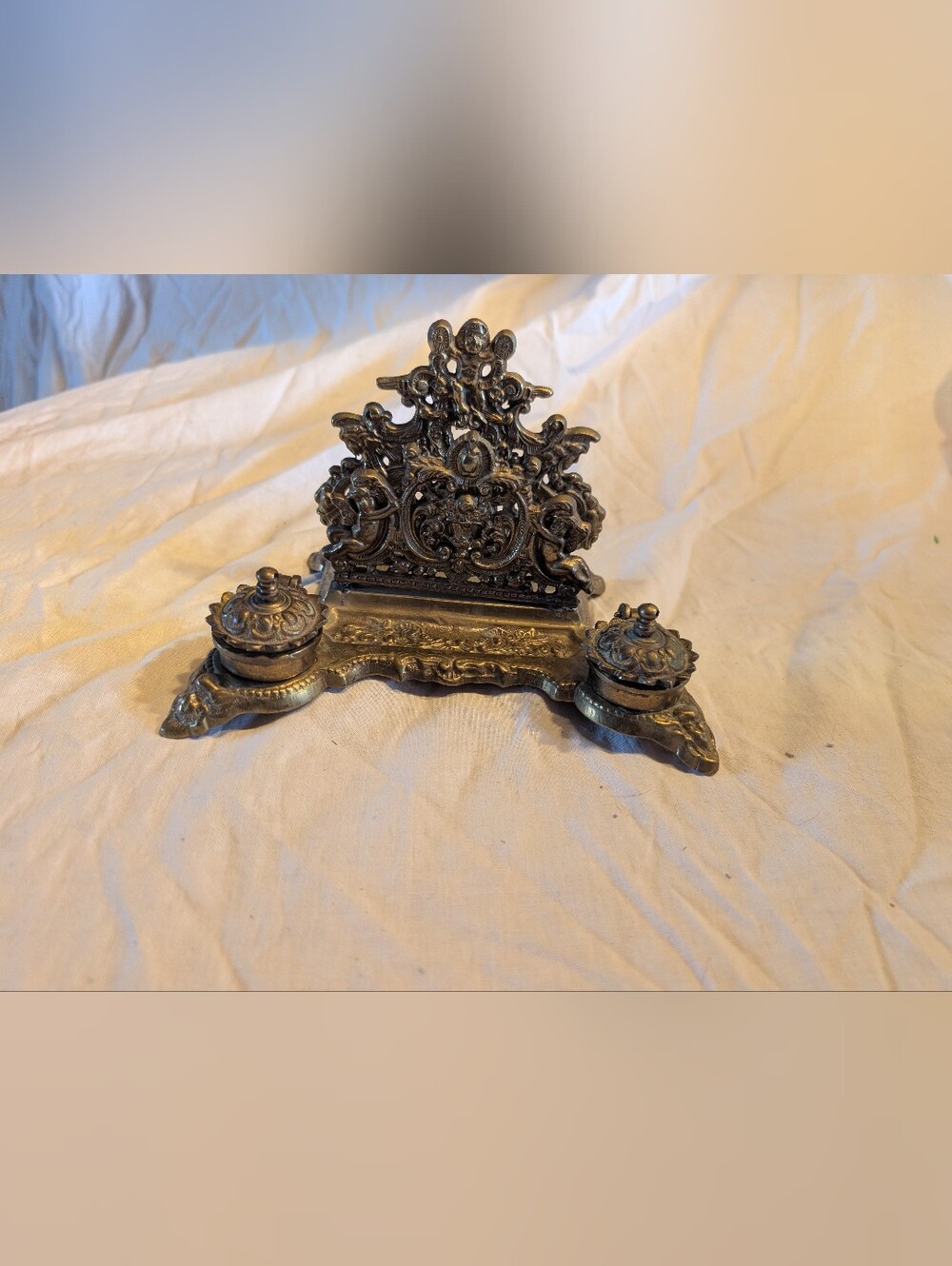 Vintage Brass-Tone Ornate Double Inkwell